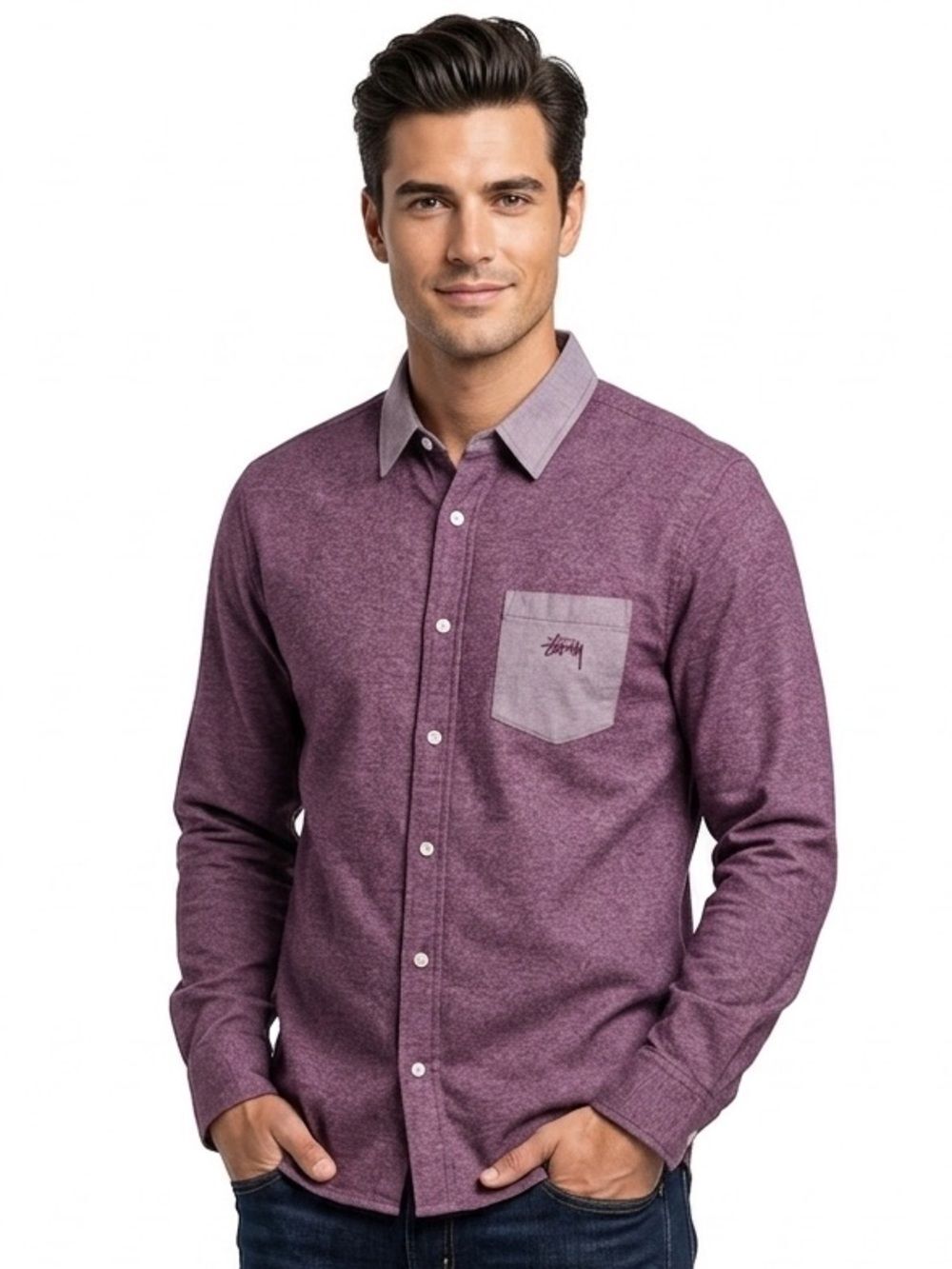 Stussy 100% Cotton Men's Long Sleeve Casual Button-Down Shirt - Plum Size Medium